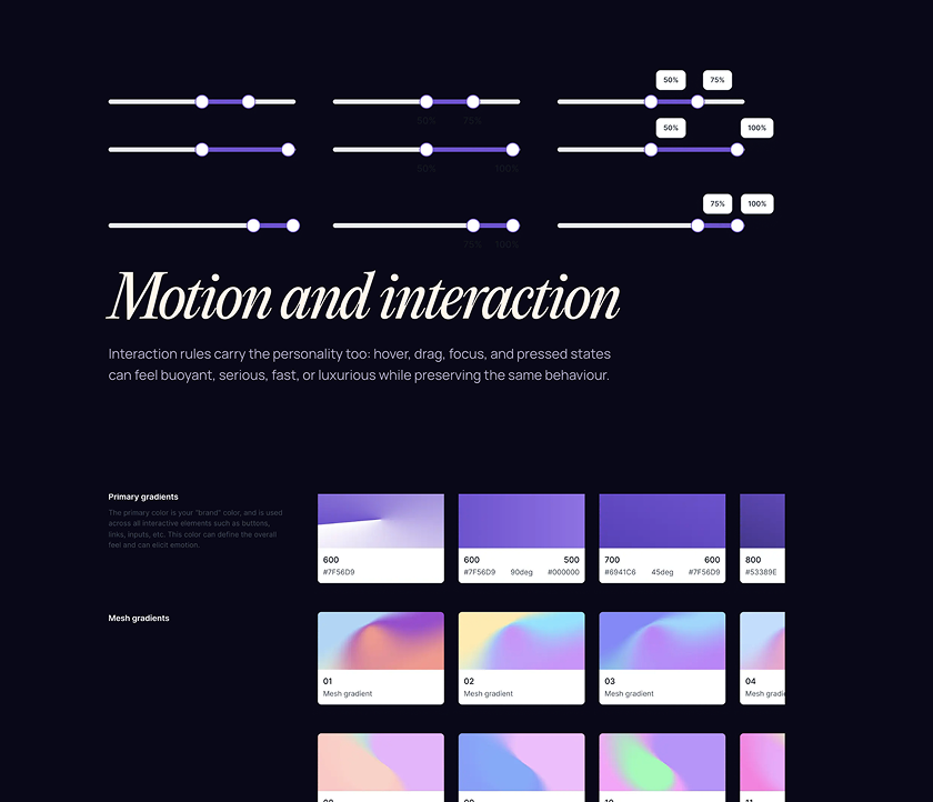Persona V1 design system preview showing motion, interaction, and color tokens